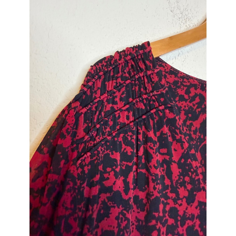Calvin Klein 1X Red Black Abstract Animal Print V-Neck Smocked Office Blouse Top - Picture 7 of 14